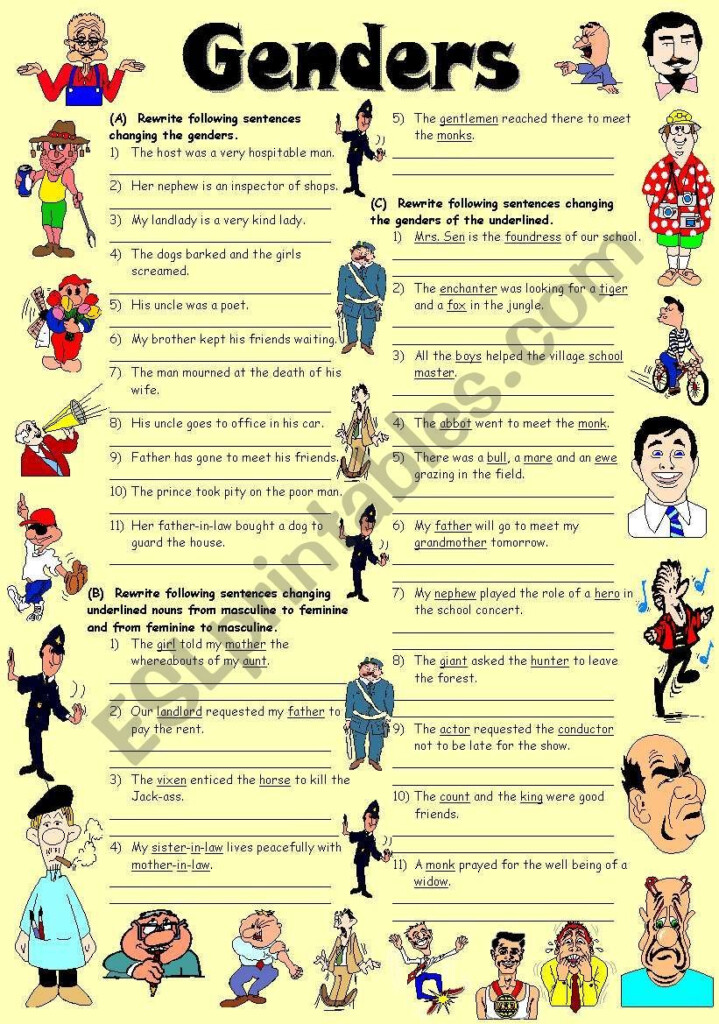 This Worksheet Has Some Exercises On MASCULINE FEMININE GENDERS 