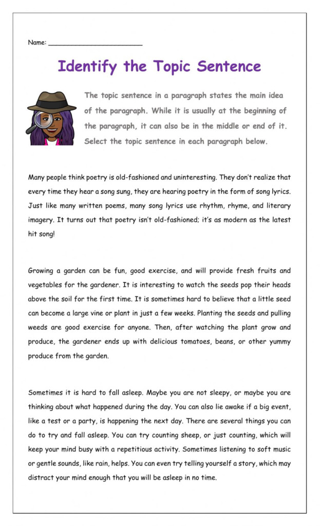 Writing A Topic Sentence Worksheet