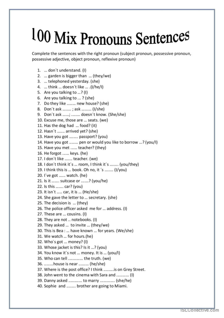 100 Mixed Pronoun Sentences English ESL Worksheets Pdf Doc