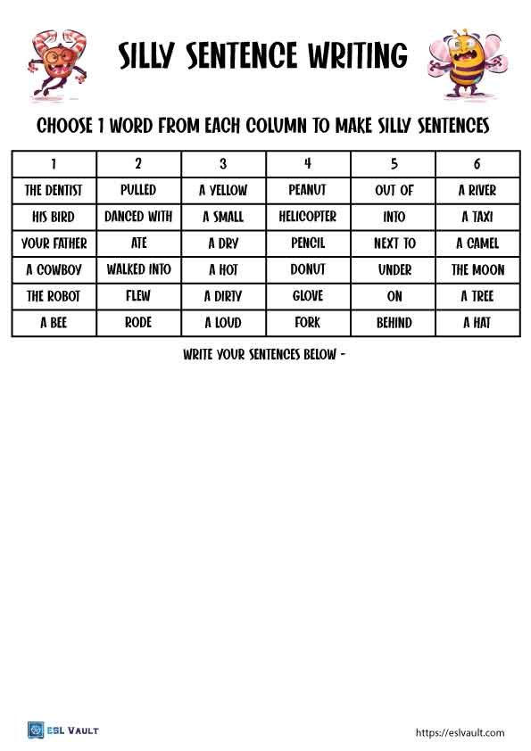 4 Silly Sentence Worksheets ESL Vault