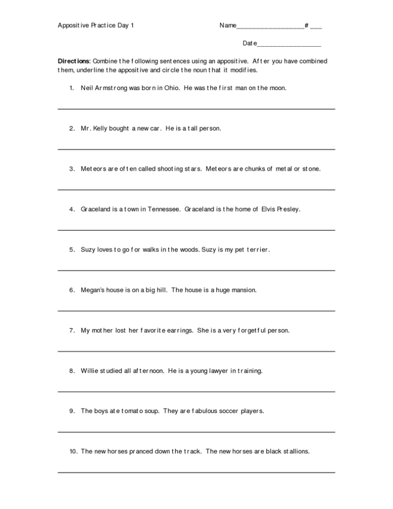 Appositive Worksheet Combining Sentences Kidsworksheetfun