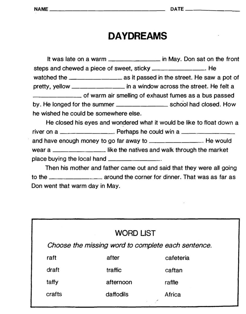 Cloze Reading Worksheet