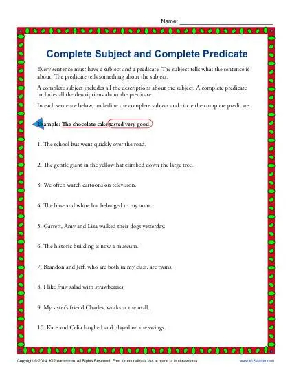 Complete Subject And Complete Predicate 3rd Grade Worksheets