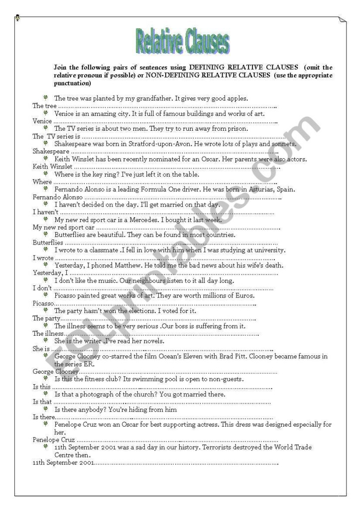 DEFINING NON DEFINING RELATIVE CLAUSES ESL Worksheet By LAMERCHE