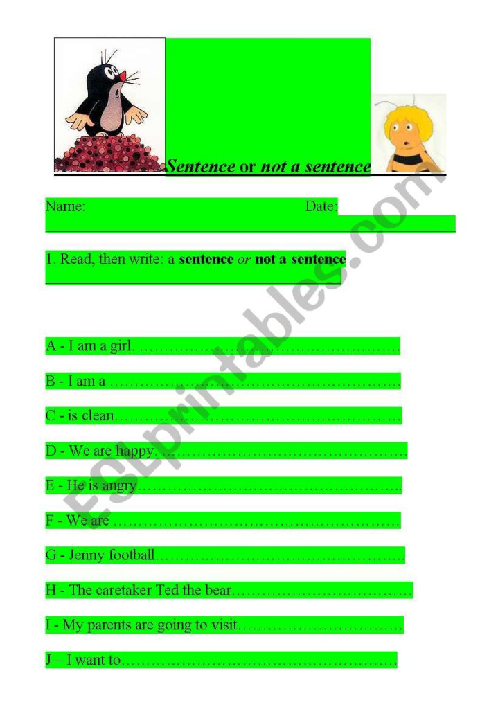 English Worksheets A Sentence Or Not A Sentence 