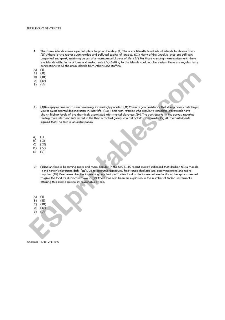 English Worksheets Irrelevant Sentences Practice