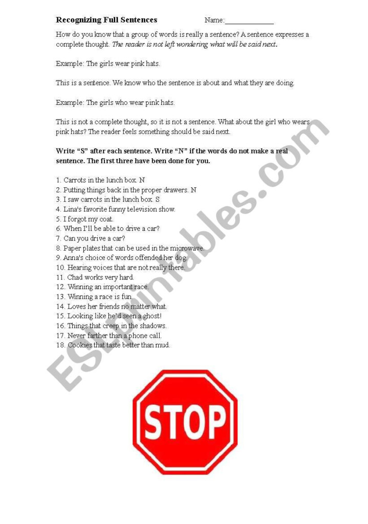 English Worksheets Recognizing Full Sentences