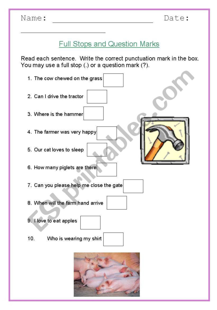 English Worksheets Using Full Stops And Question Marks