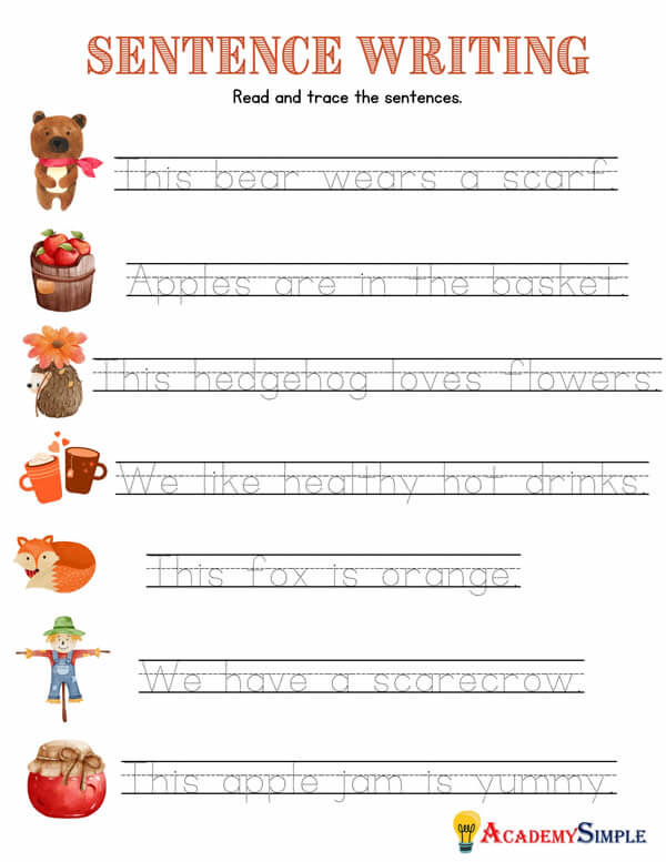 English Writing Sentence Tracing Worksheets Fall Season Academy Simple