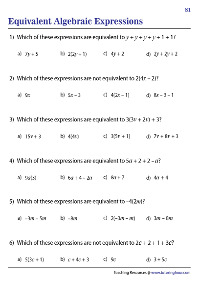 Equivalent Expressions Worksheet With Answers