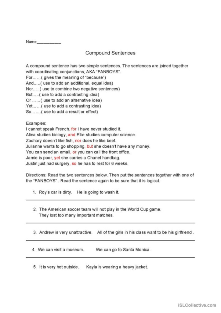 Forming Compound Sentences English ESL Worksheets Pdf Doc