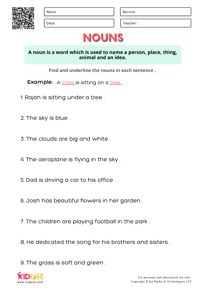 Identifying Nouns In Sentences Worksheets For Grade 1 Kidpid