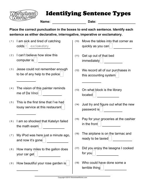 Identifying Sentence Types With Worksheet And Answer Key