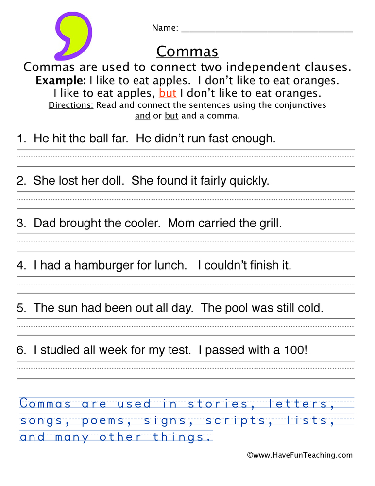 Independent Clauses Comma Worksheet By Teach Simple