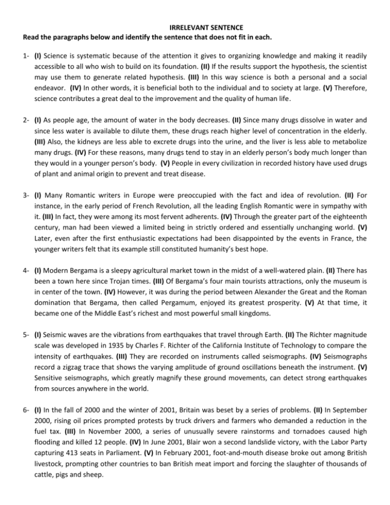 IRRELEVANT SENTENCE Read The Paragraphs Below And Identify