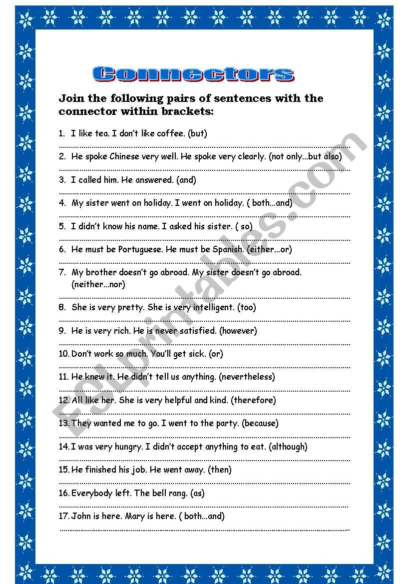 JOINING SENTENCES USING CONNECTORS ESL Worksheet By Ticas