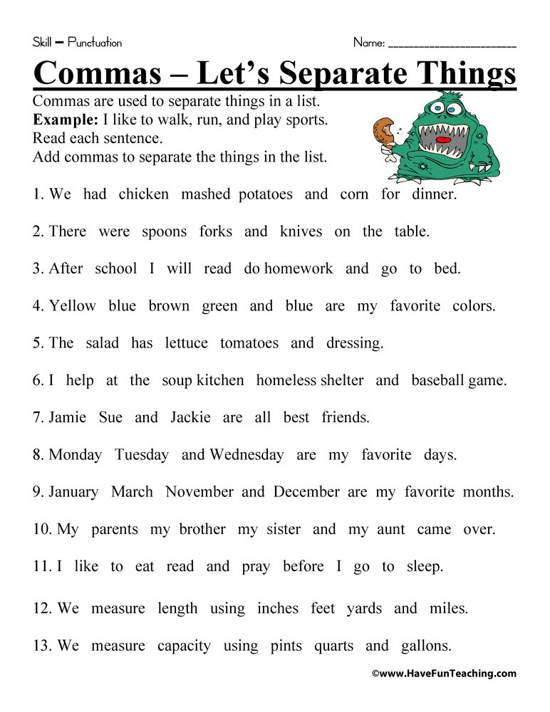 Let s Separate Things Comma Worksheet By Teach Simple