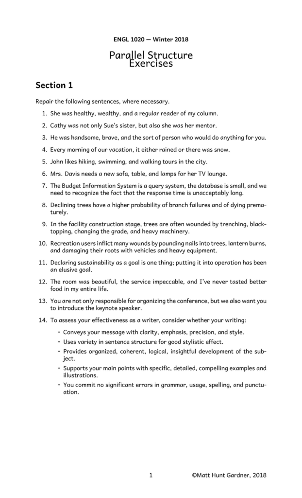 Parallel Structure Exercises With Answers Engl 1020 StuDocu