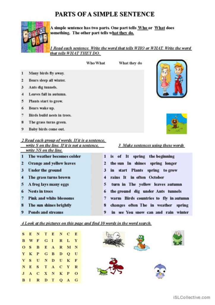 Parts Of A Simple Sentence General G English ESL Worksheets Pdf Doc