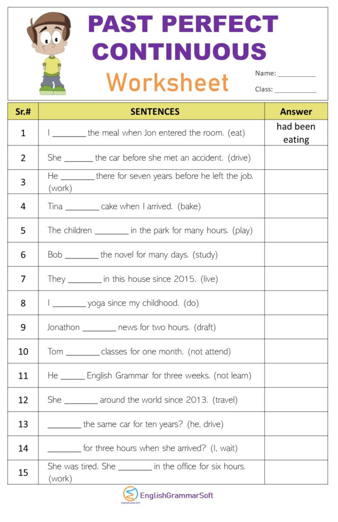 Past Perfect Continuous Tense Worksheet With Answers EnglishGrammarSoft