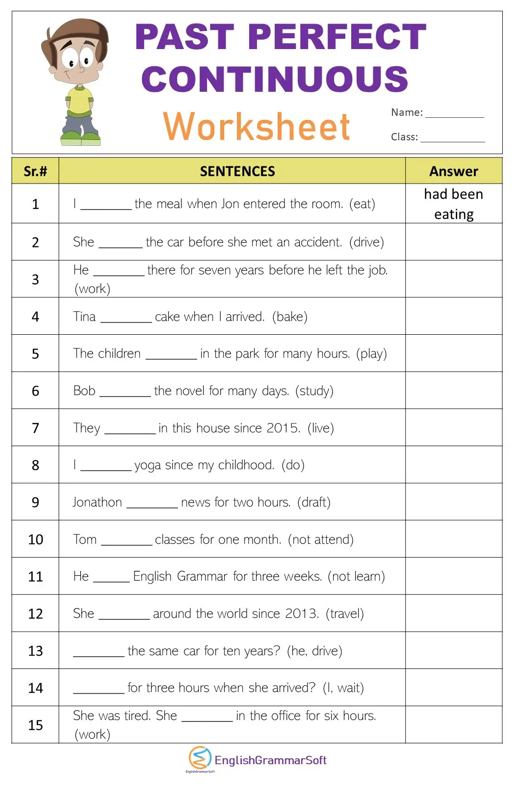Past Perfect Continuous Tense Worksheet With Answers EnglishGrammarSoft