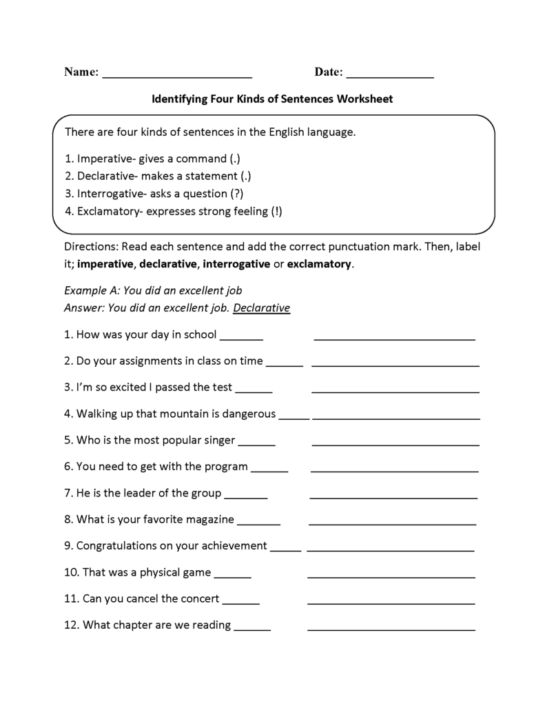 Practicing Four Kinds Of Sentences Worksheet Types Of Sentences Quiz 