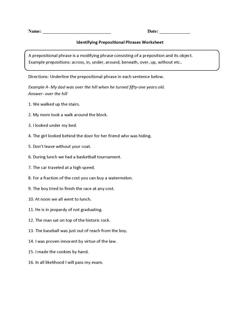 Prepositional Phrase Worksheet Pdf
