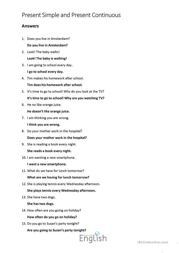 Present Simple continuous Error Correction With Answers English ESL 