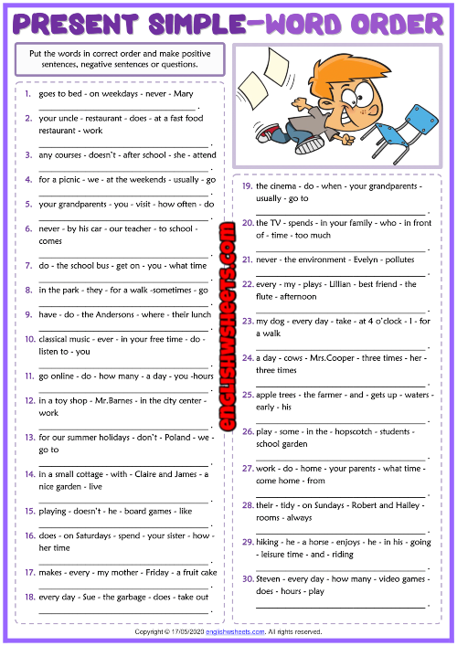 Present Simple Tense ESL Word Order Exercise Worksheet