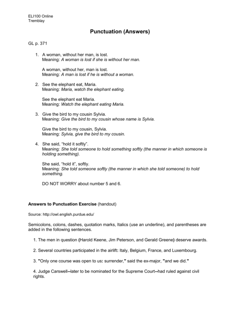 Punctuation Exercise Answer Key