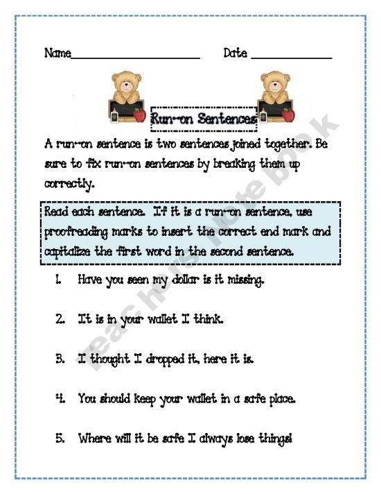Run On Sentence Worksheet