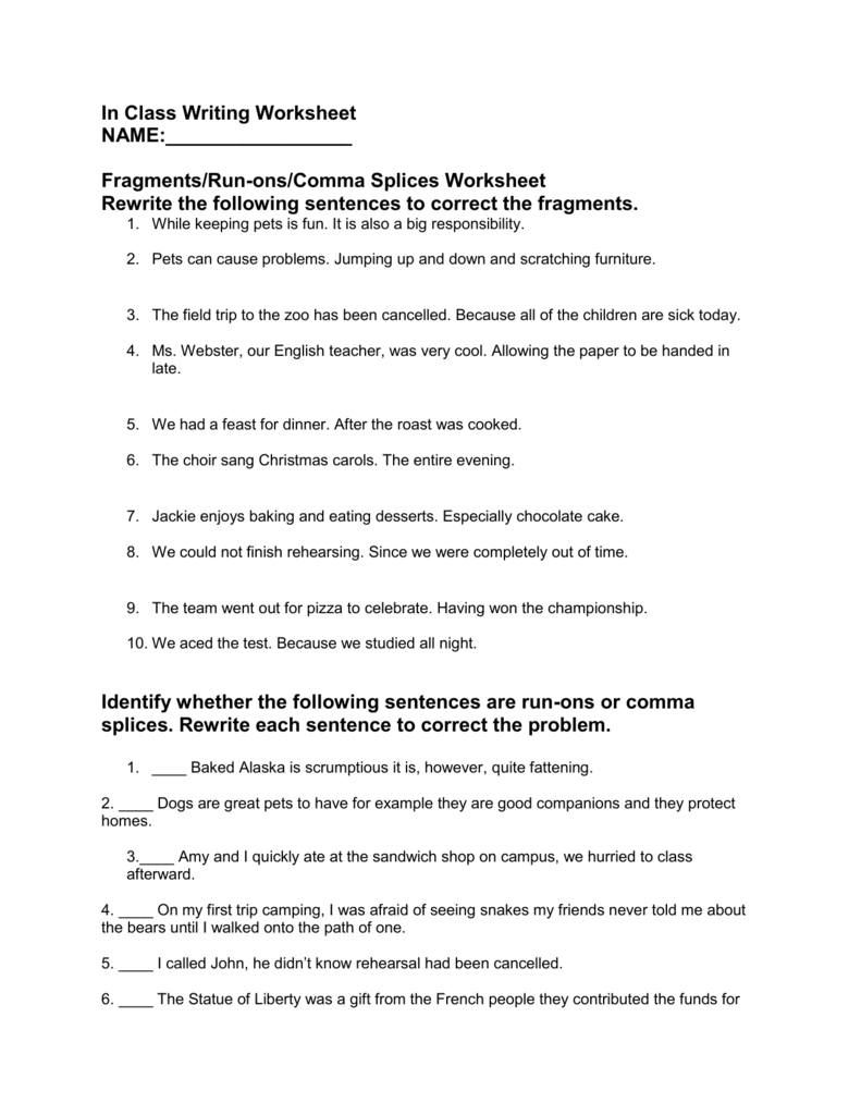 Run On Sentence Worksheet