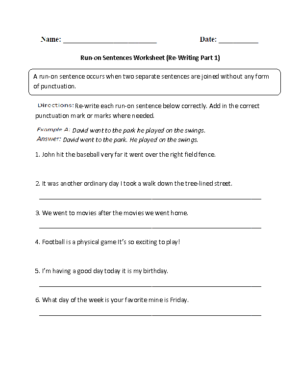 Run On Sentences Worksheets Correcting Run On Sentences Worksheet Part 1
