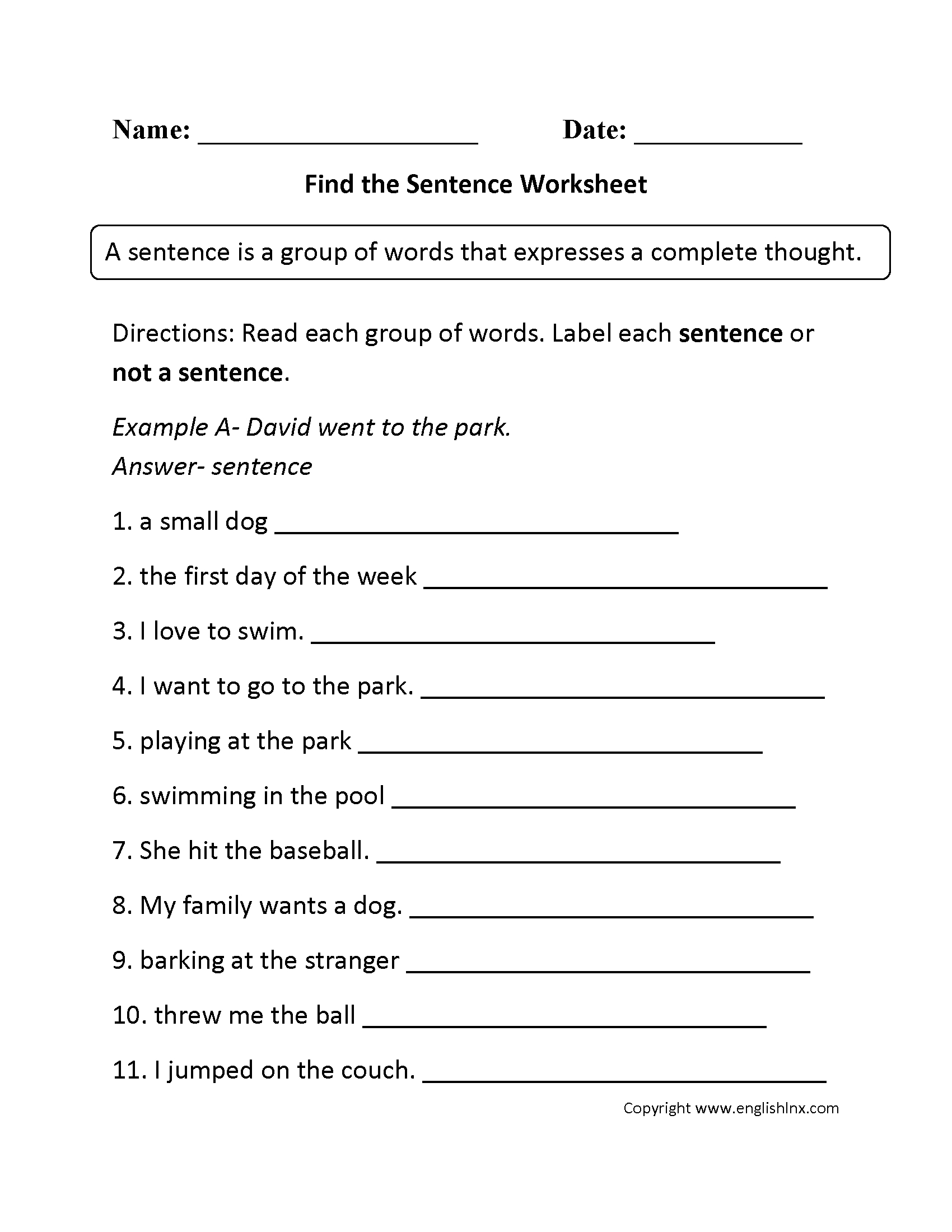 Sentence Building Worksheets