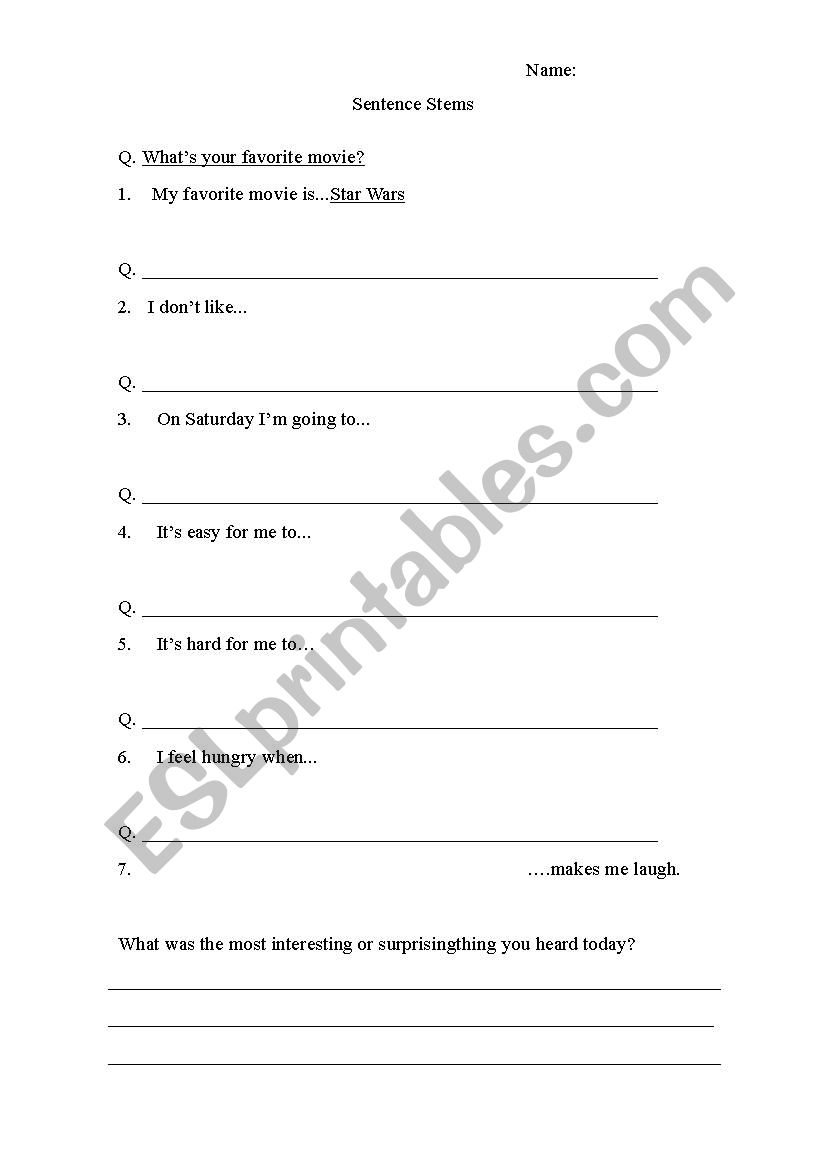 Sentence Stems ESL Worksheet By Howdy