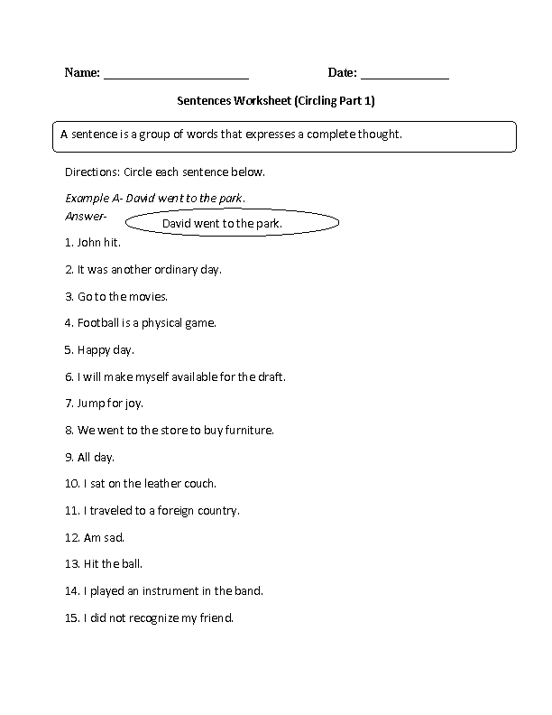 Sentences Worksheets Simple Sentences Worksheets