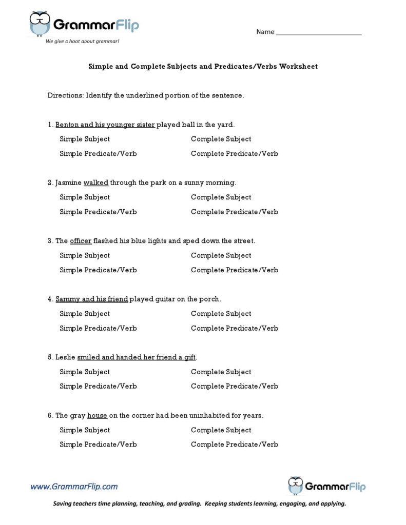 Simple And Complete Subjects And Predicates Free Worksheet
