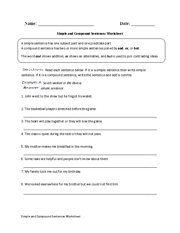 Simple Compound And Complex Sentences Worksheet With Answer