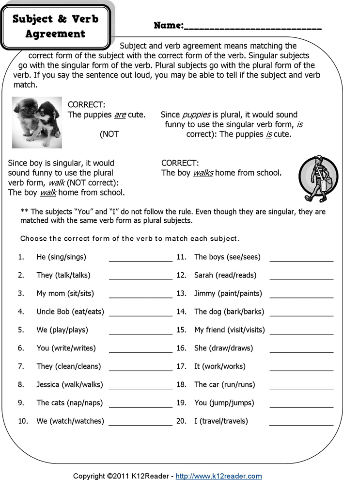 Subject And Verb Agreement Worksheets
