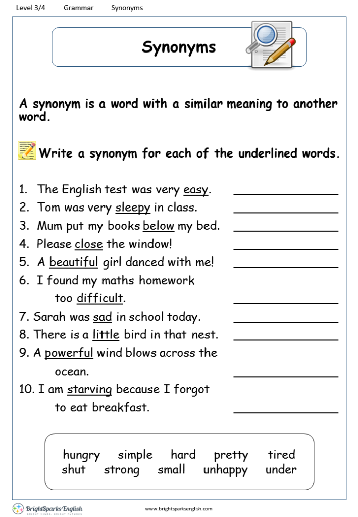 Synonyms Worksheet English Treasure Trove