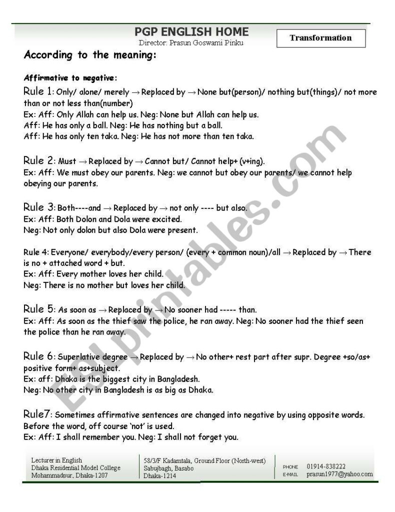 Transformation Of Sentences ESL Worksheet By Pinku drmc