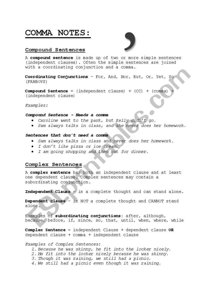 Using Commas In Compound And Complex Sentences ESL Worksheet By 