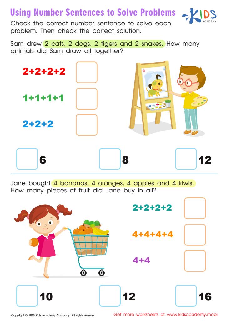 Using Number Sentences To Solve Problems Worksheet Free Printable PDF