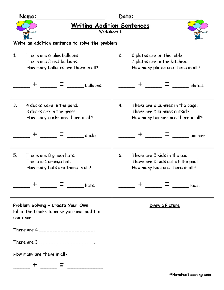 Writing Addition Sentences Worksheet Have Fun Teaching
