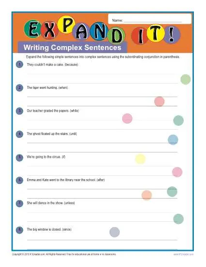 Writing Complex Sentences Sentence Structure Worksheets