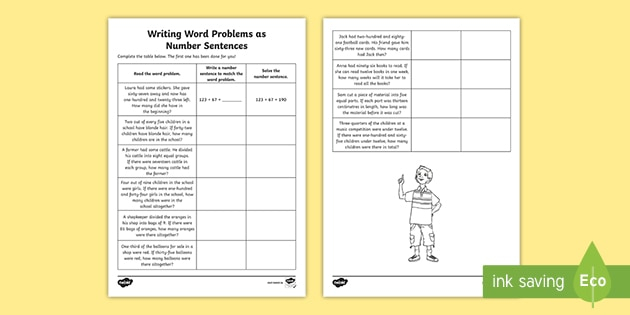 Writing Word Problems As Number Sentences Worksheet